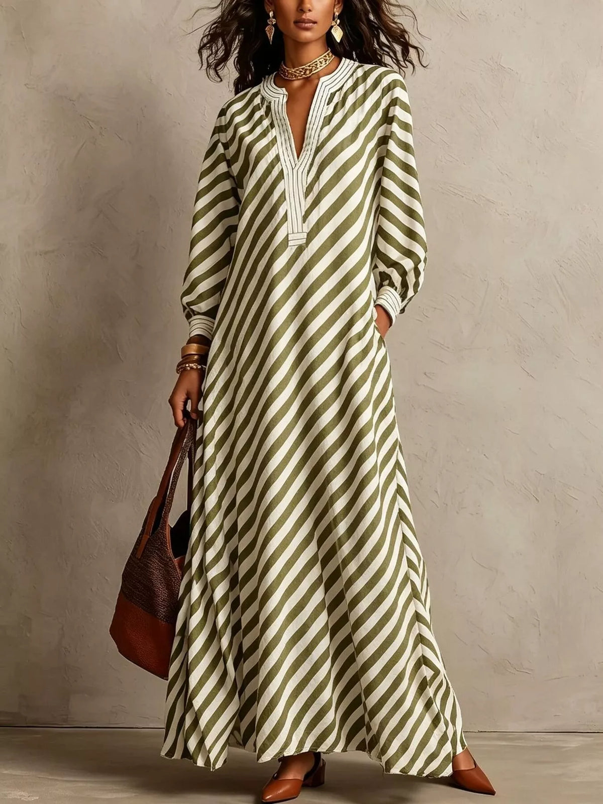 Striped Long Sleeves Maxi Dress in green, front view