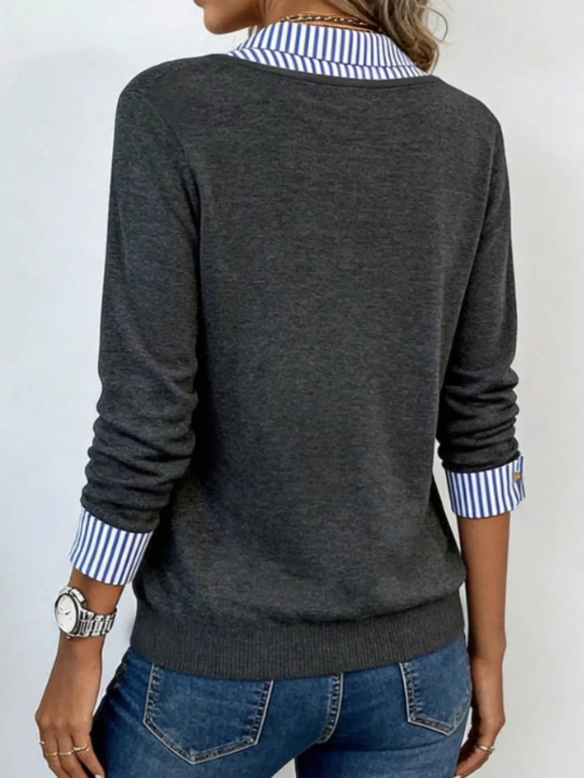 Women's Layered Look Striped Collar Long Sleeve Top in Dark Gray, alternate view
