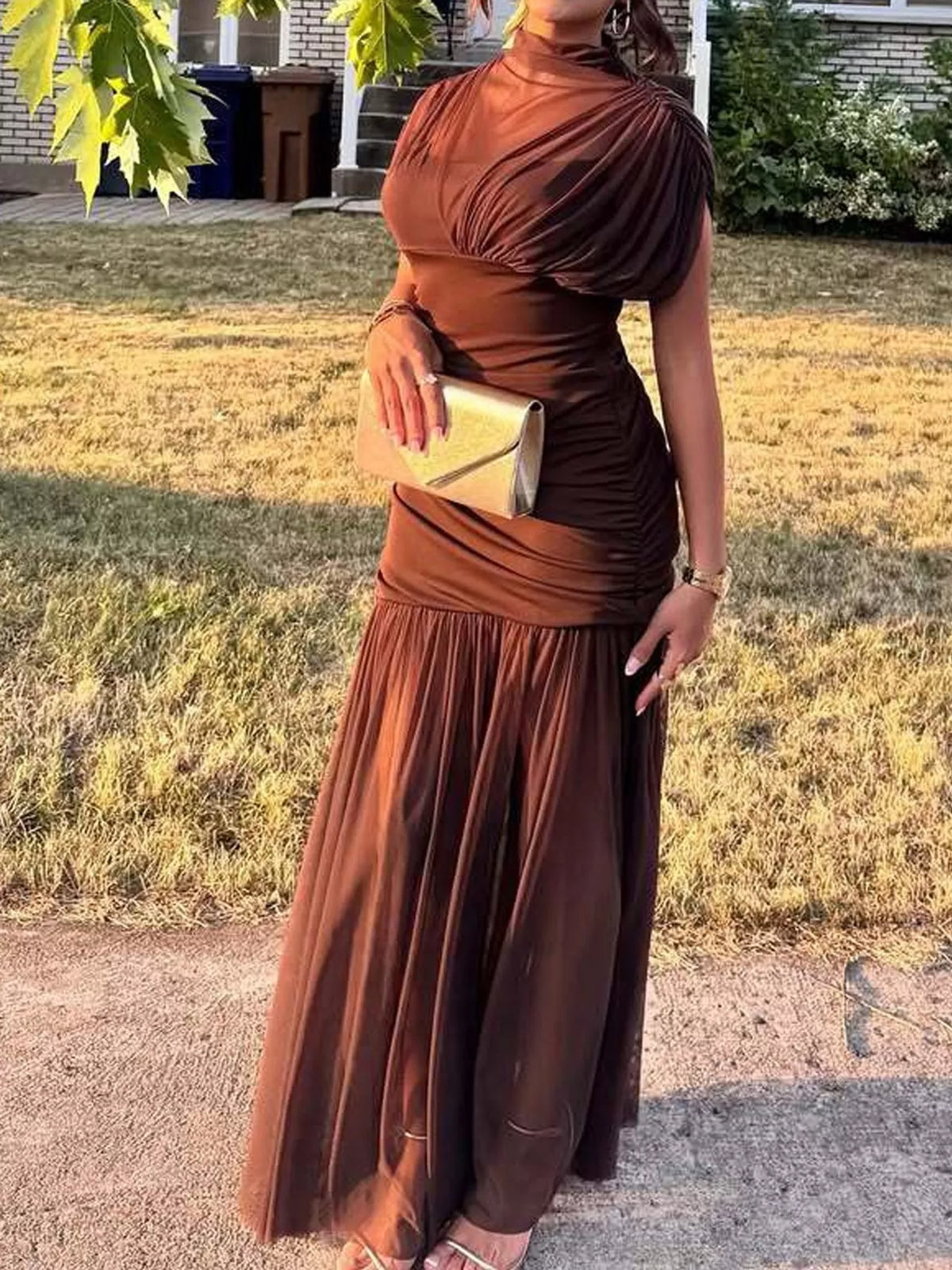 Brown mock neck ruched maxi dress, front view