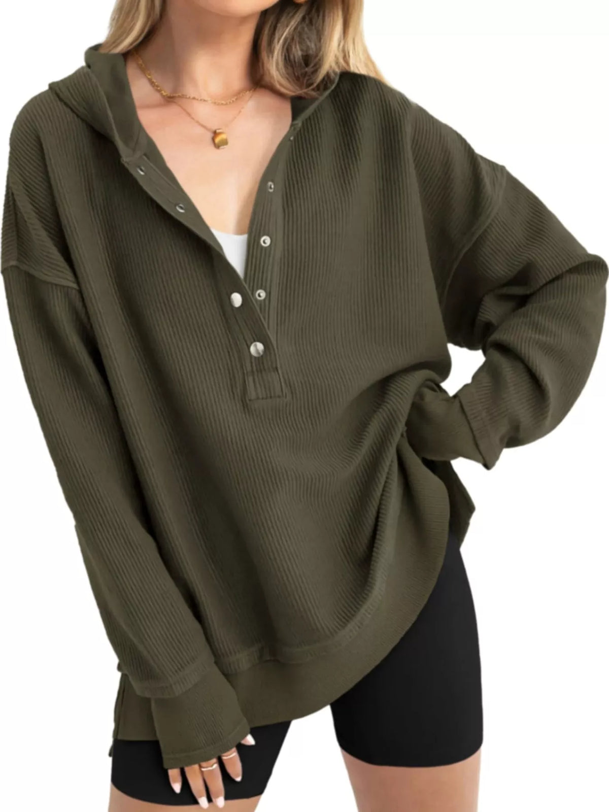 Women's Snap Button Placket Dropped Shoulder Hoodie in olive — front view