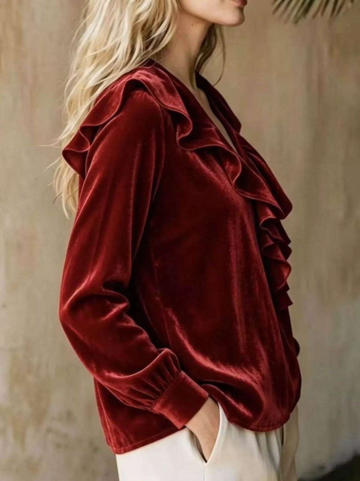 Burgundy Velvet Ruffled V-Neck Long Sleeve Blouse side view