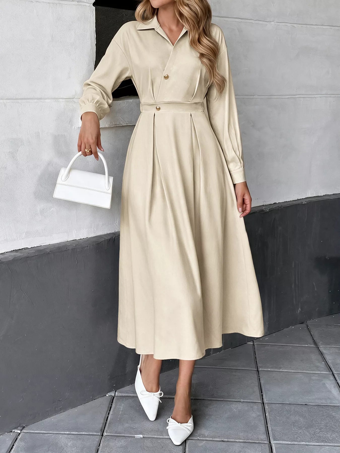 Trendsi Pleated Button Detail Long Sleeve Shirt Dress -