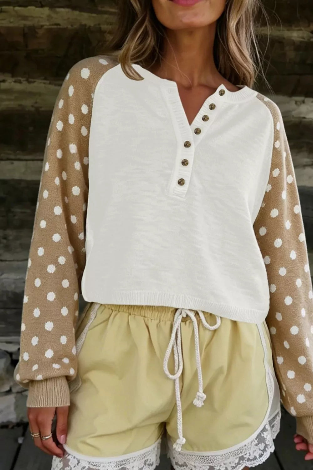Trendsi Polka Dot Contrast Long Sleeve Button V Neck Sweater -
