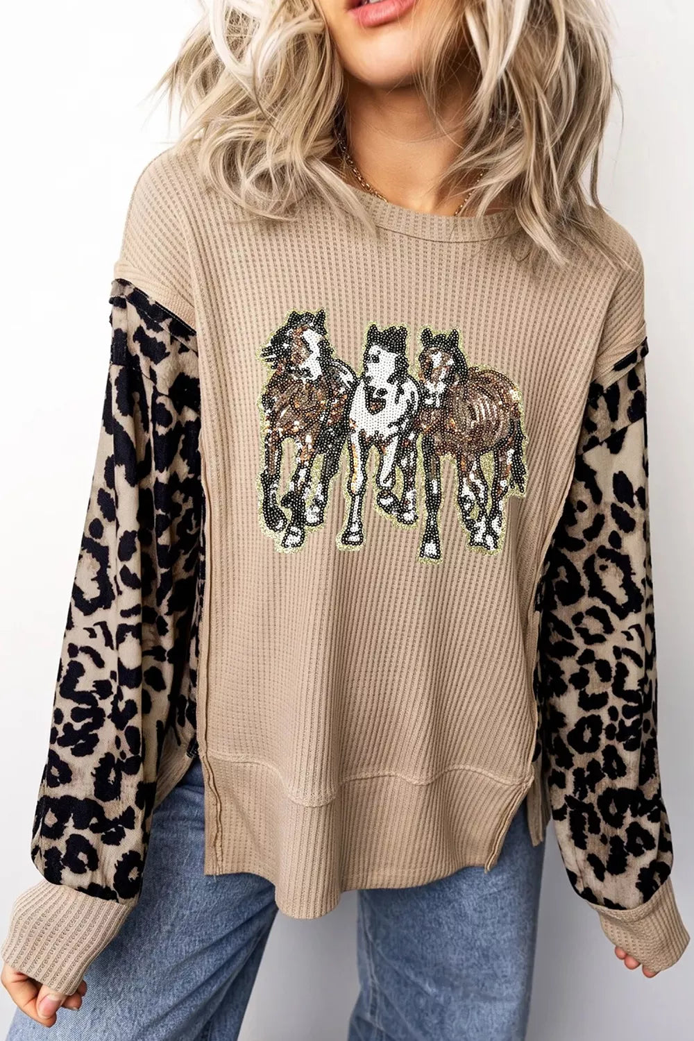 Trendsi Sequined Western Horse Graphic Leopard Sleeve Patchwork Waffle Knit Top -