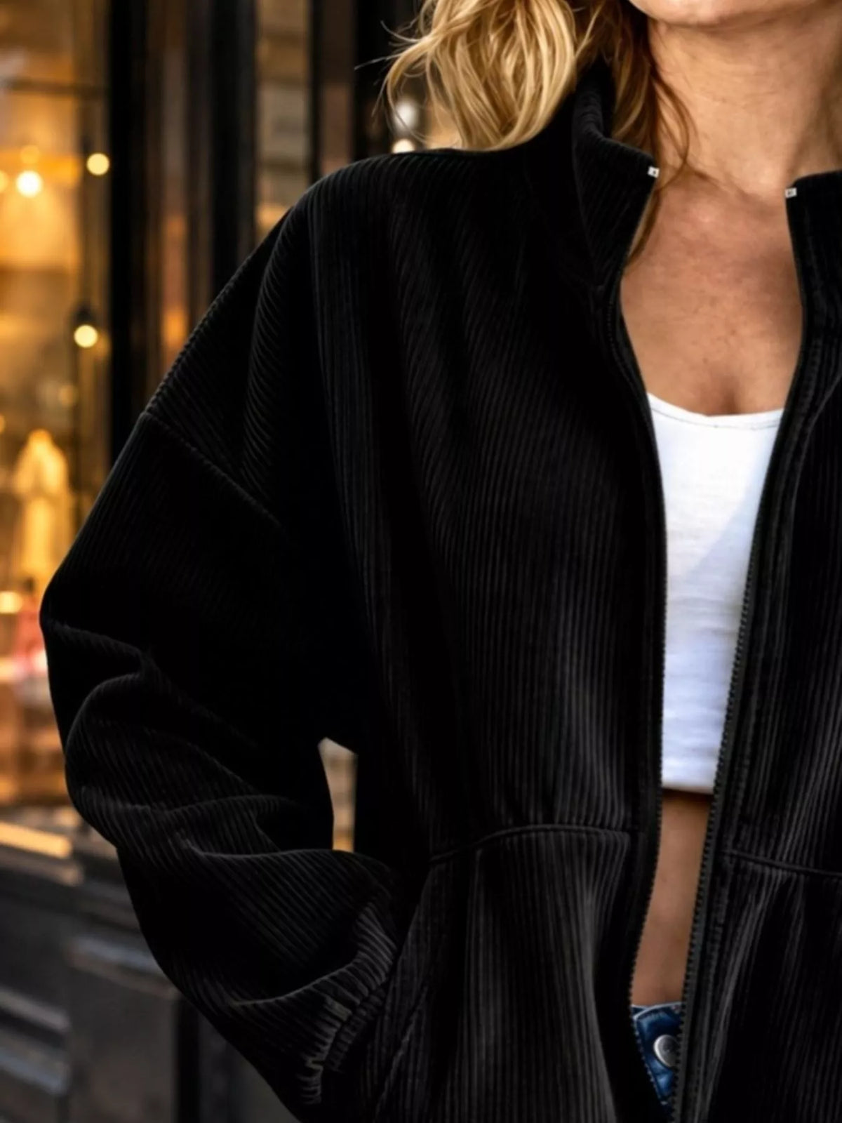 Women's Zip Up Dropped Shoulder Corduroy Jacket in black — collar detail view