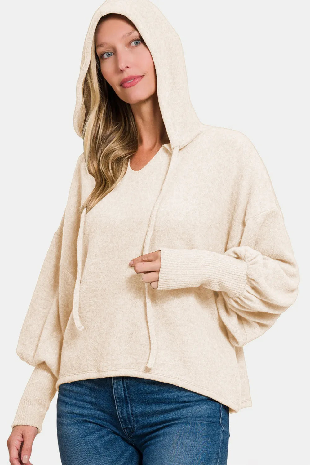 Cropped brushed Hacci short-sleeve hoodie