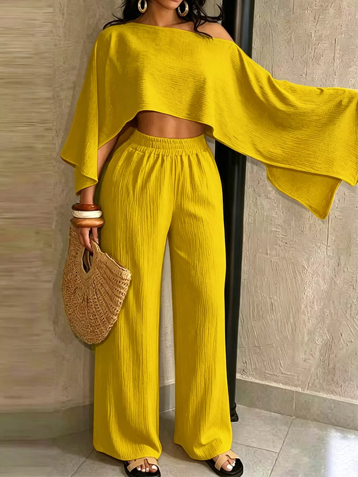 Women's Boat Neck Crop Top and Wide-Leg Pants Set in yellow — front view