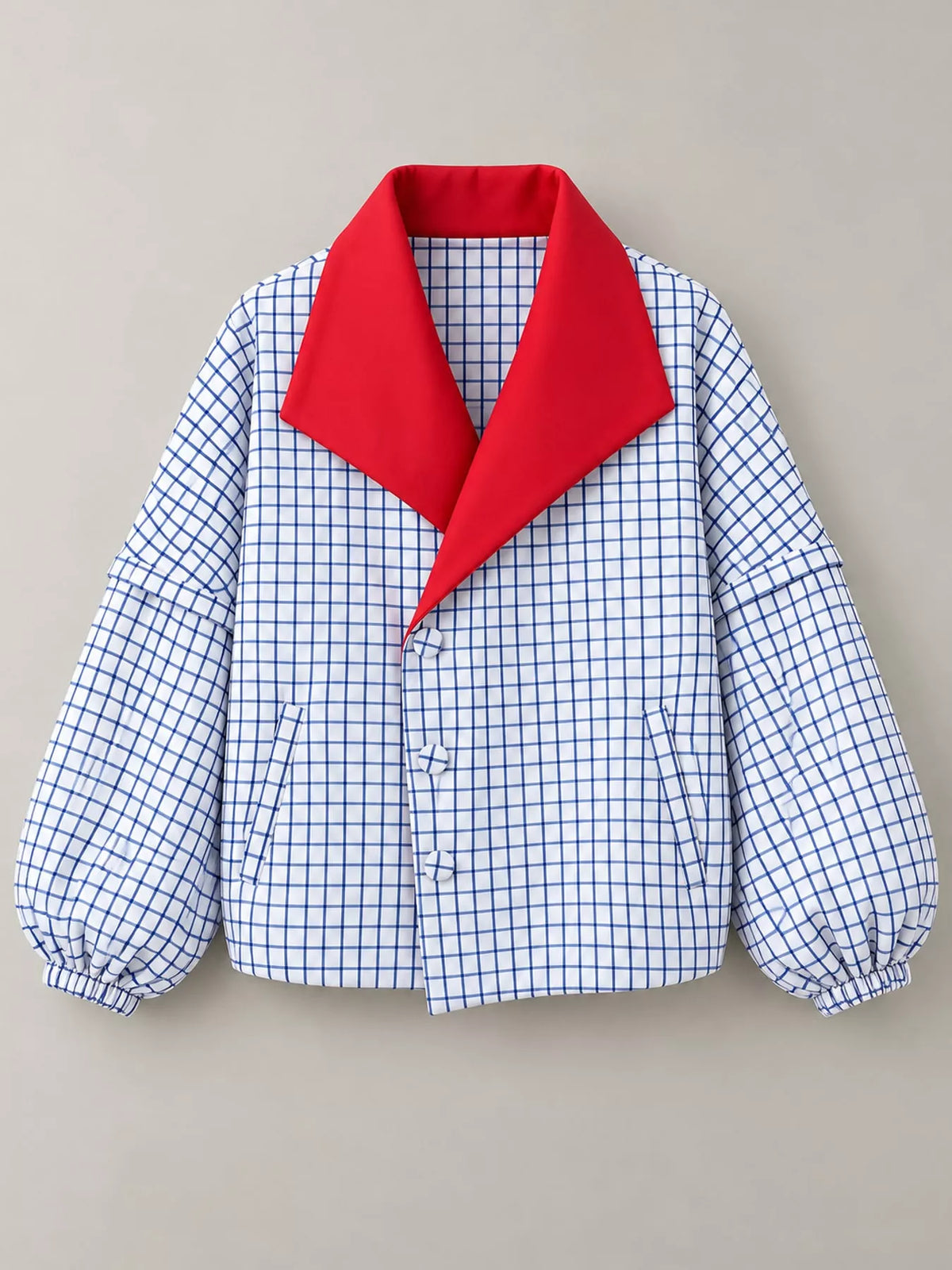 White and blue check contrast lapel plaid jacket — front view