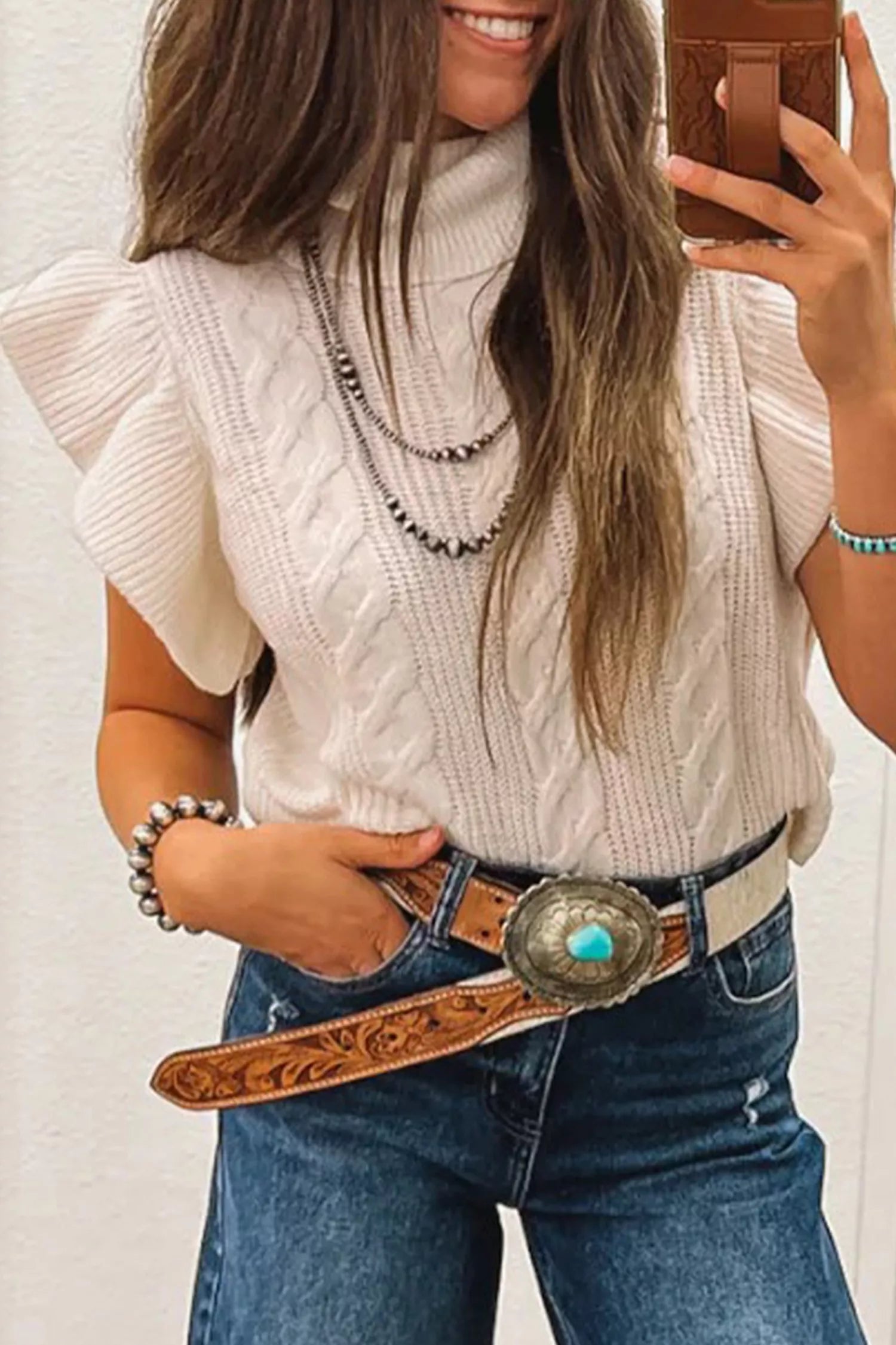 Trendsi Cable Knit Turtleneck Ruffled Short Sleeve Sweater -