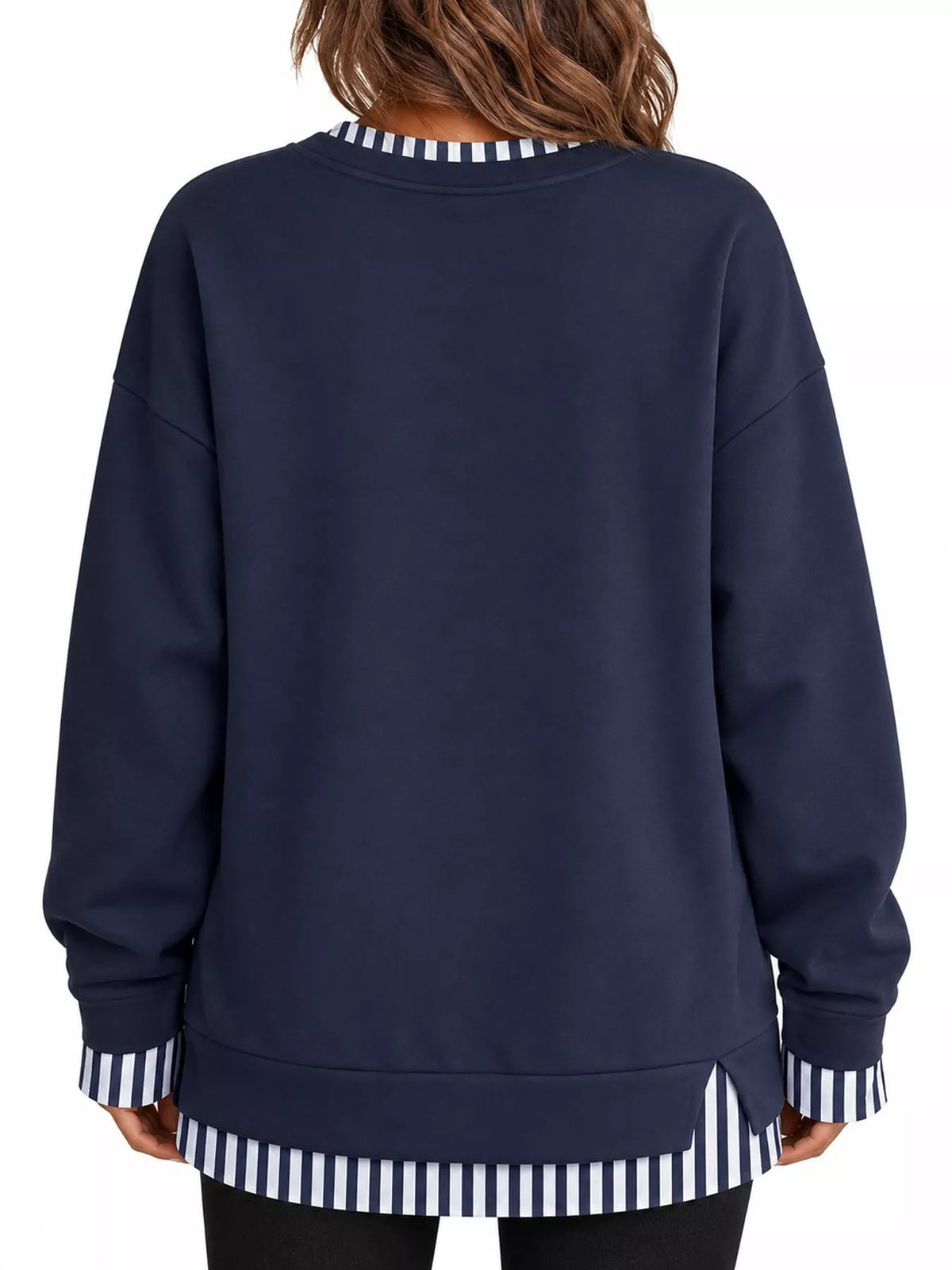 Layered Look Crew Neck Sweatshirt in navy with striped trim, back view