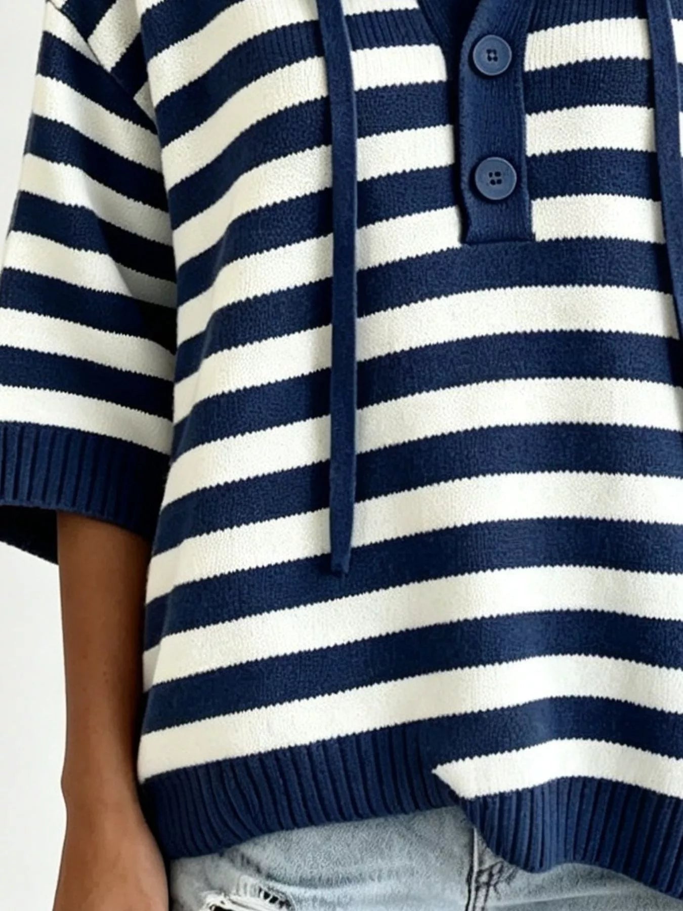 Trendsi Striped Hooded Sweater with Button Detail -
