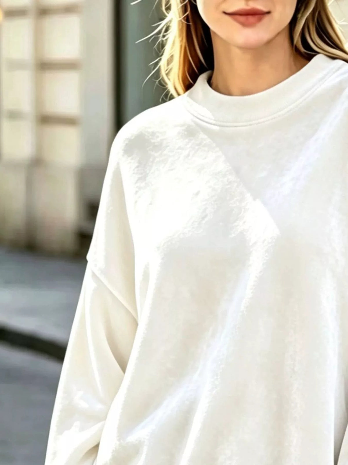 Women's Velvet Crew Neck Dropped Shoulder Sweatshirt in white — texture detail view