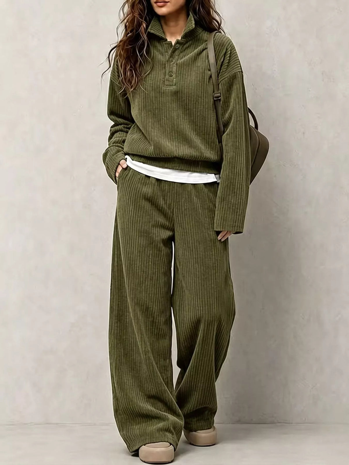 Women's Corduroy Button Detail Top and Wide-Leg Pants Set in olive — front view