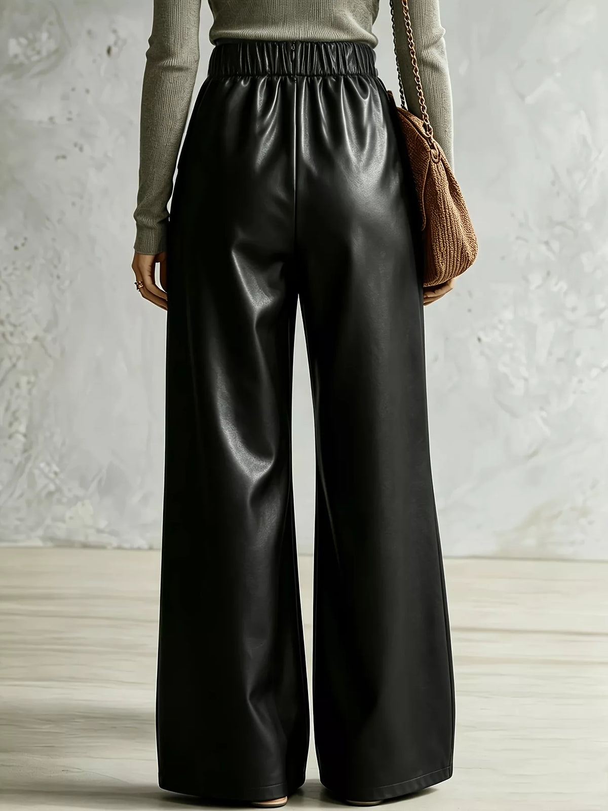 Black Crisscross-Waist Wide-Leg Pull-On Pants back view