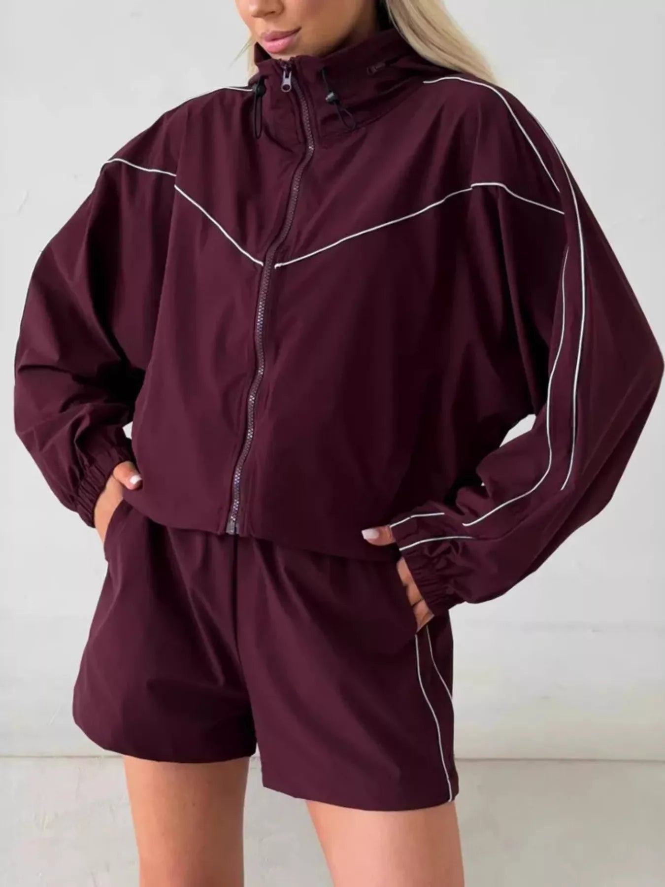 Trendsi Drawstring Zip-Up Jacket and Shorts Set -