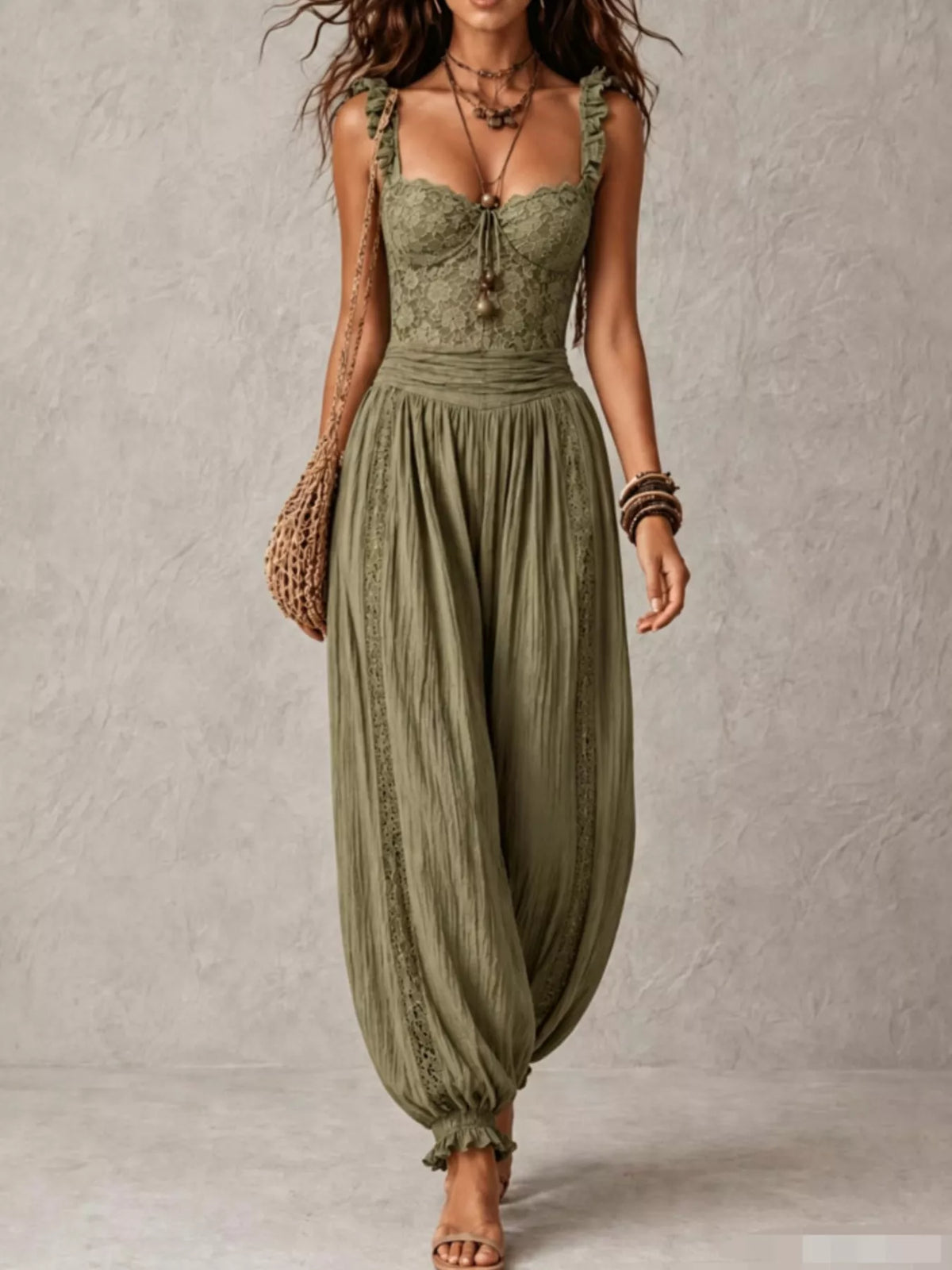 Olive lace-bodice harem-leg jumpsuit, full front view.