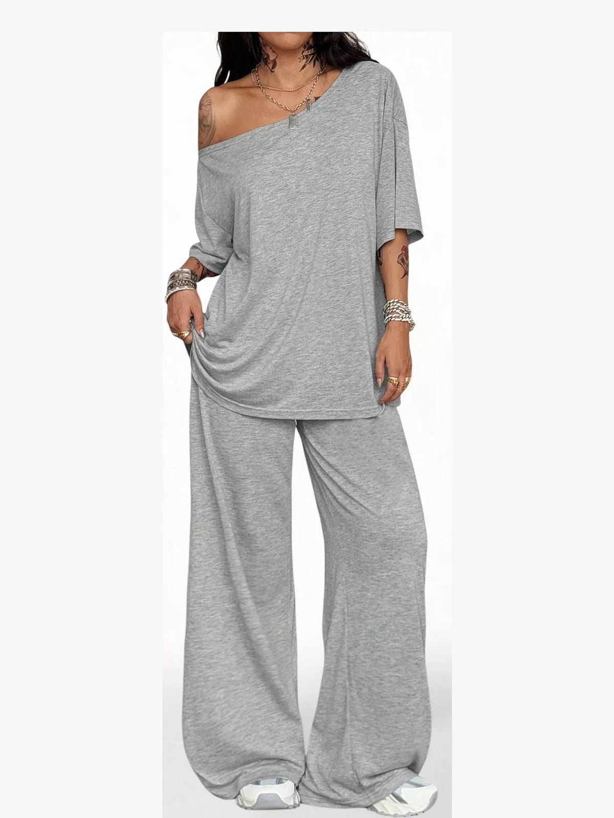 Gray boat neck top and wide-leg pants set — front view