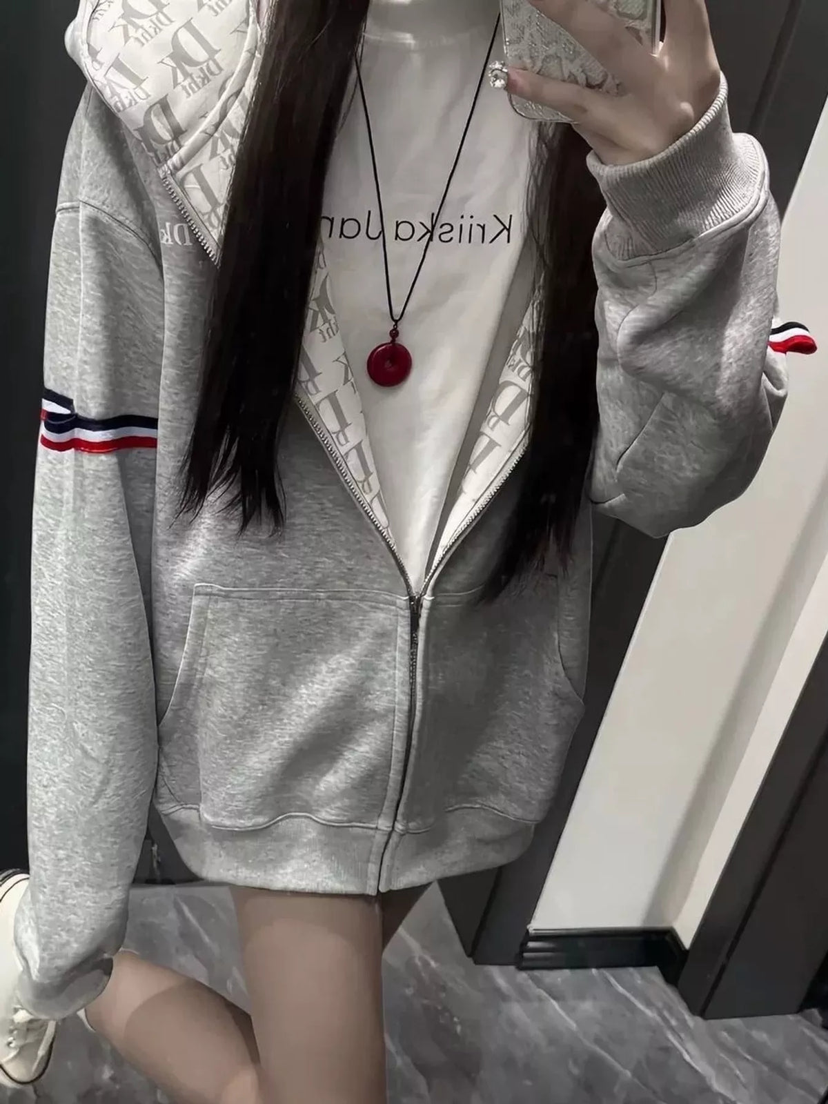 Oversized Zip-Up Hoodie with Striped Sleeves in gray