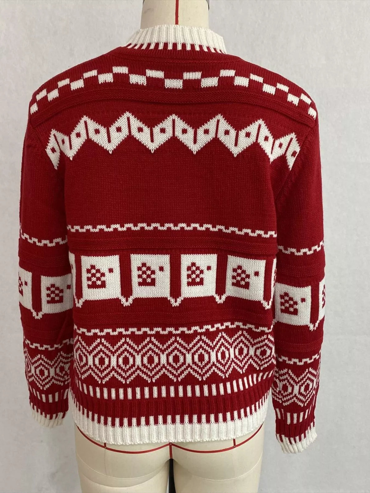Red and white christmas fair isle crewneck sweater, back on dress form.