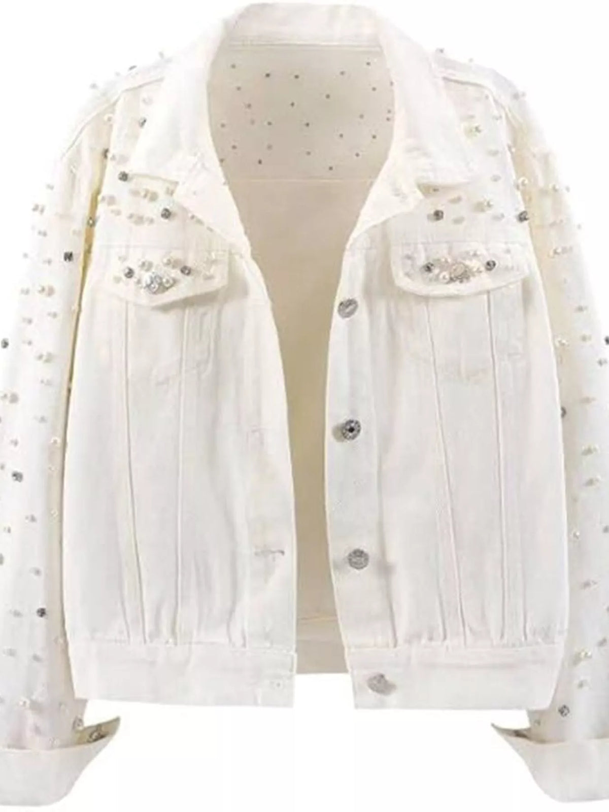 Women's Pearl Detail Button Up Denim Jacket in white — flat lay view
