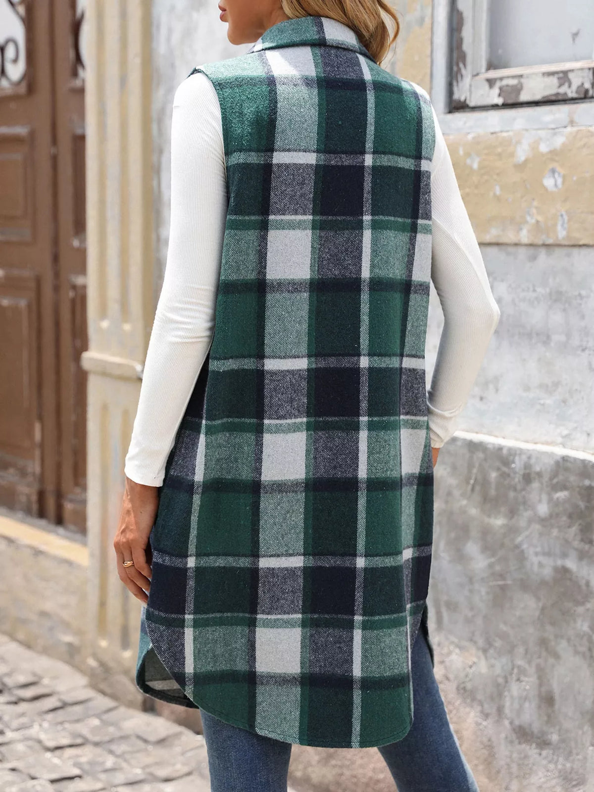 Longline Plaid Button-Down Vest Coat, back view in green and white