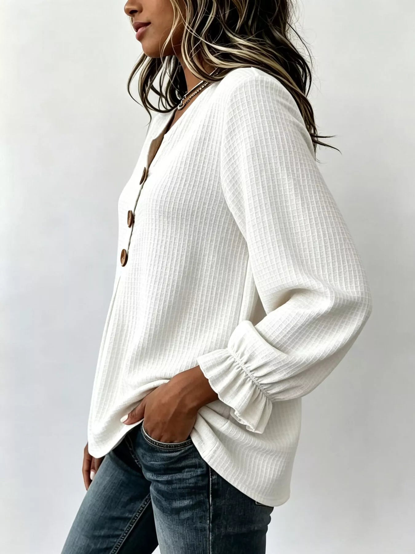 Waffle-knit long sleeve top