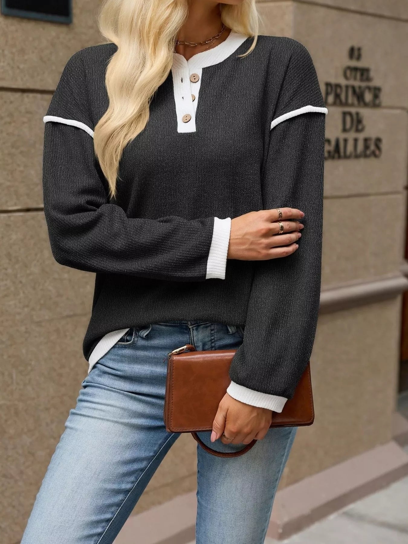 Trendsi Button Detail Dropped Shoulder T-Shirt -