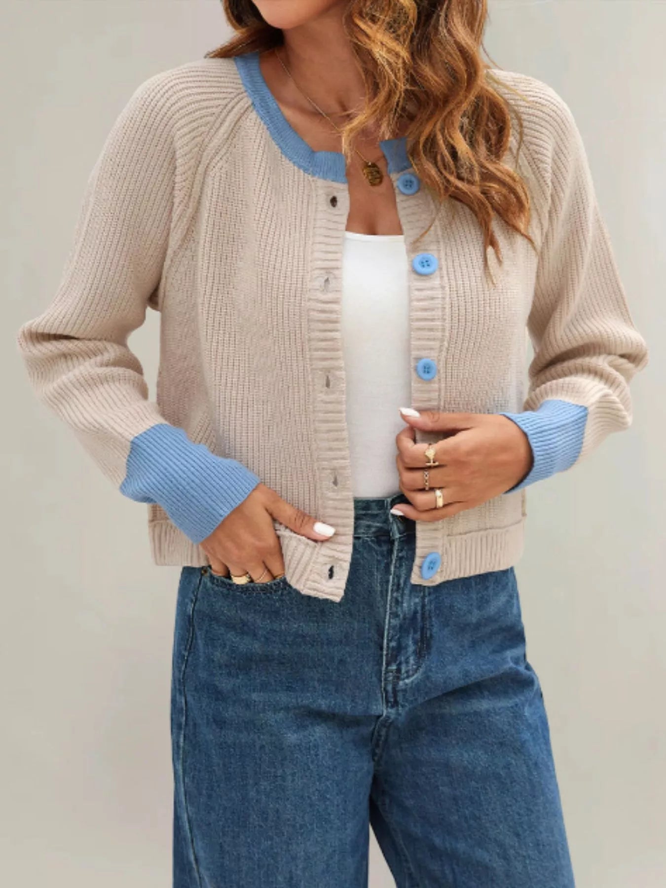 Trendsi Color Block Ribbed Knit Button-Front Cardigan -