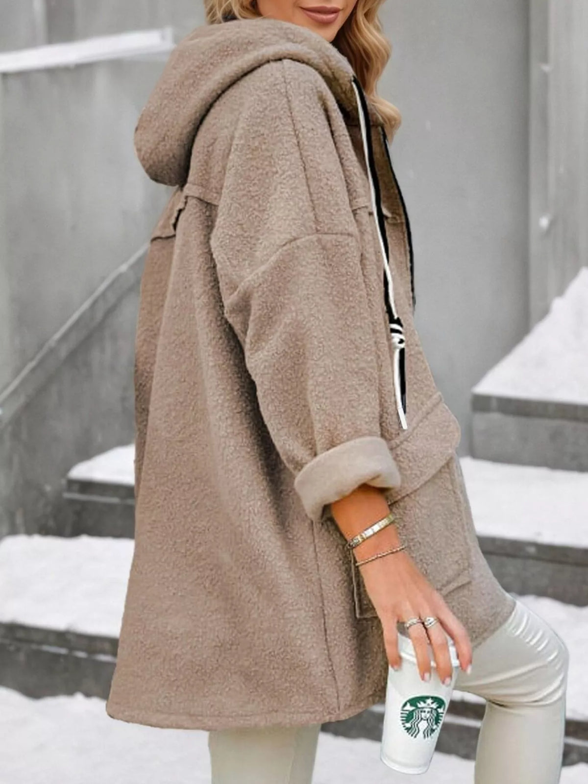 Khaki Fleece Zip-Up Hooded Jacket with Pockets side-back lifestyle view
