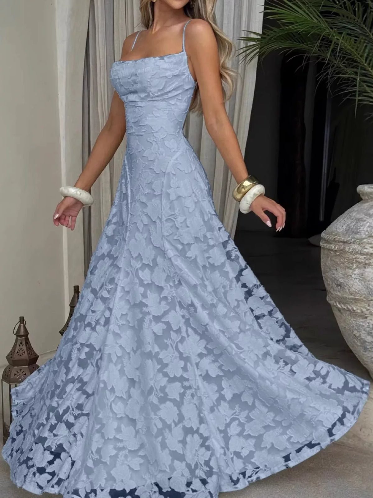 Light blue backless lace maxi dress, front view