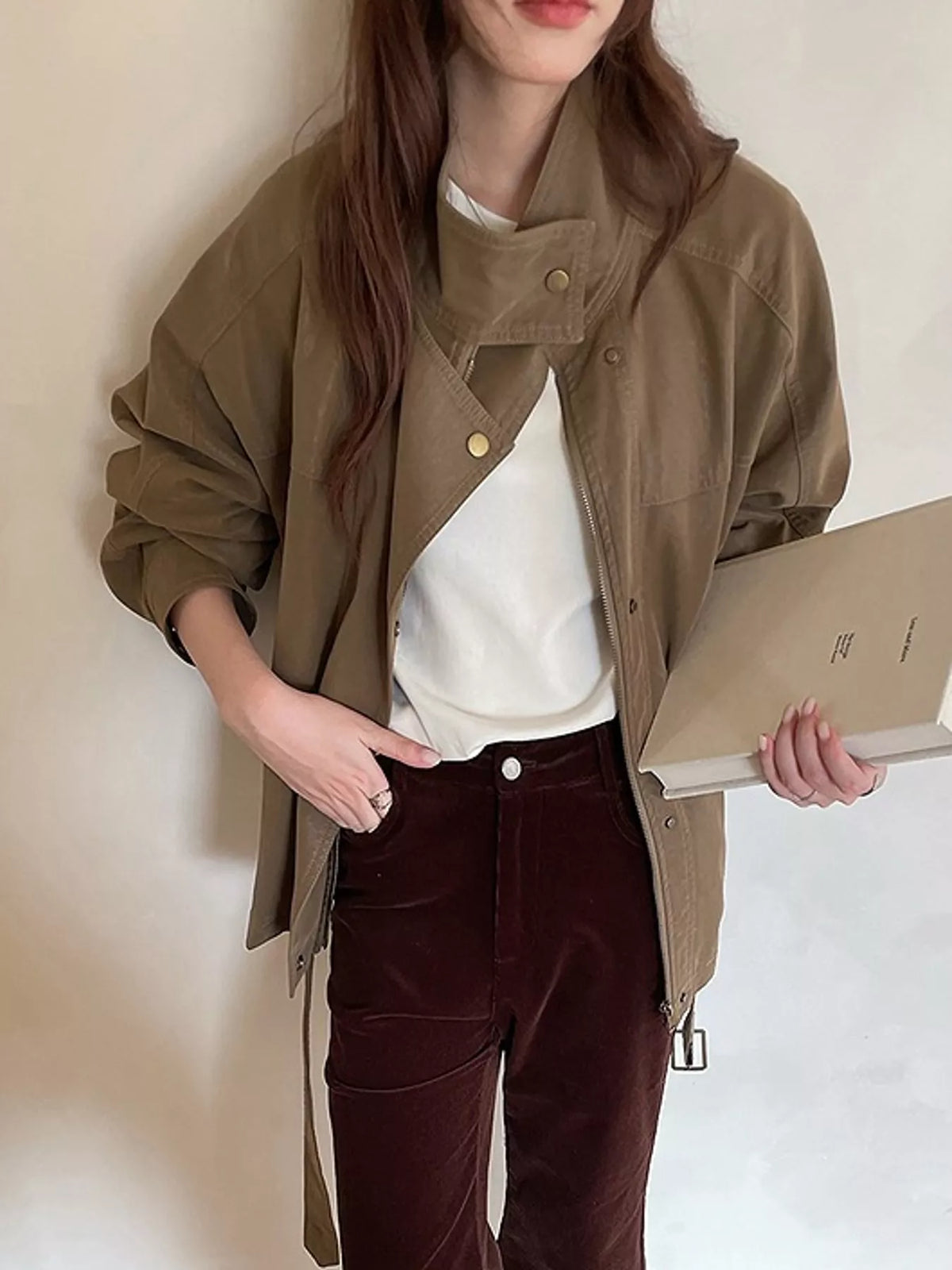 Khaki Color snap down long sleeve jacket