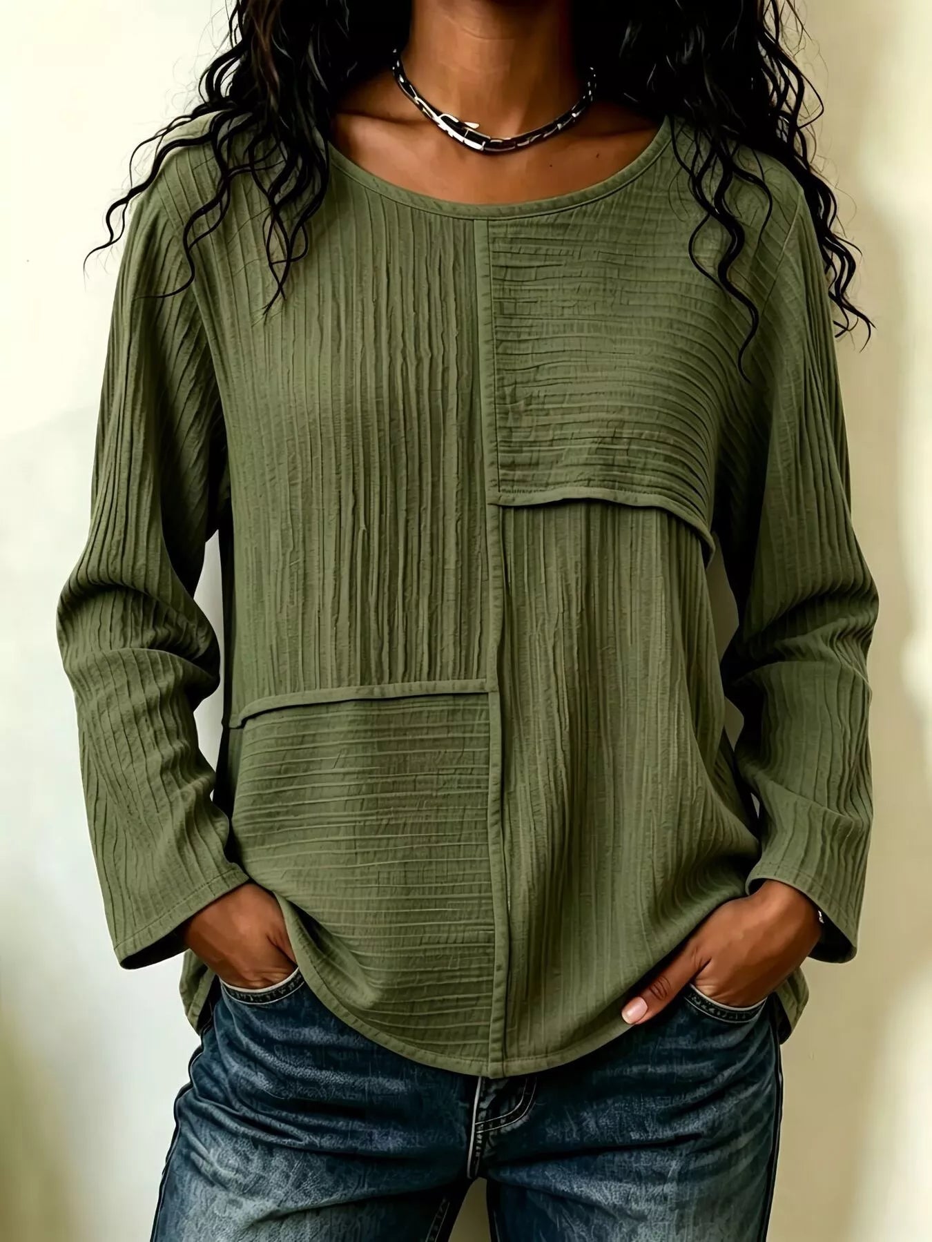 Trendsi Textured Patchwork Long Sleeve Casual T-Shirt -