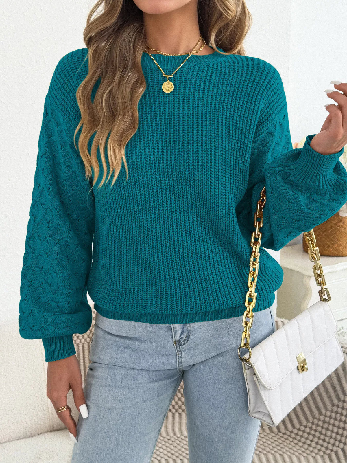 Peacock Blue textured dropped shoulder sweater
