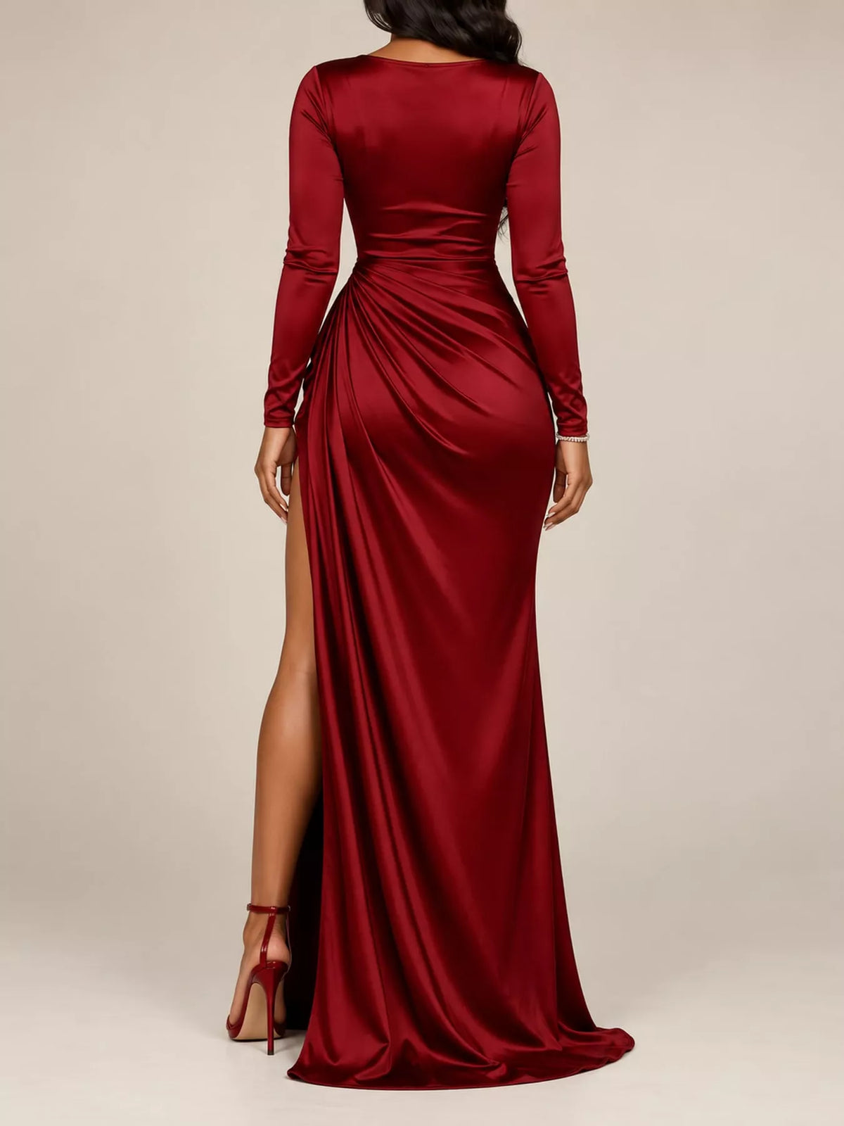 Burgundy satin cowl neck high slit maxi dress, back view