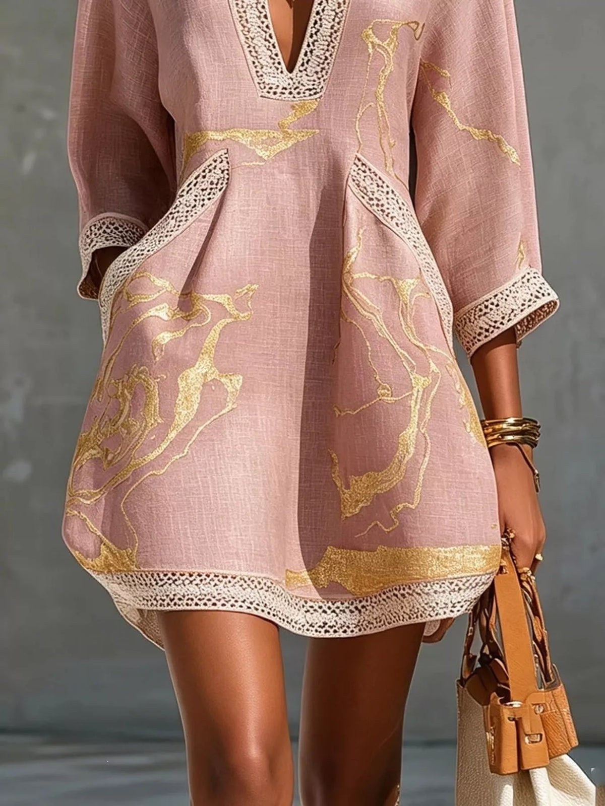 Pink notched 3/4 sleeve mini dress, front pockets and curved hem