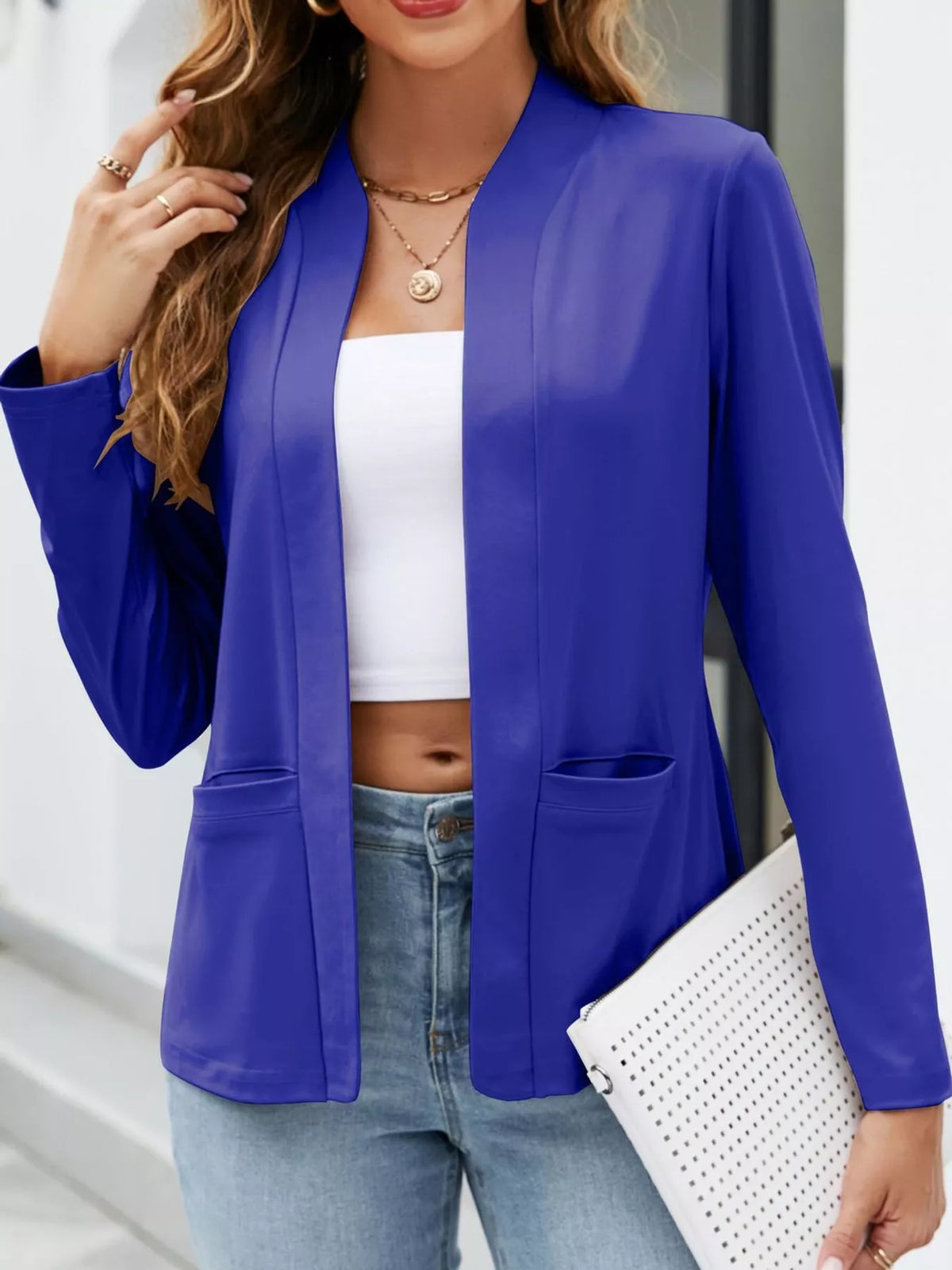 Mandarin neck long sleeve blazer, front view on model