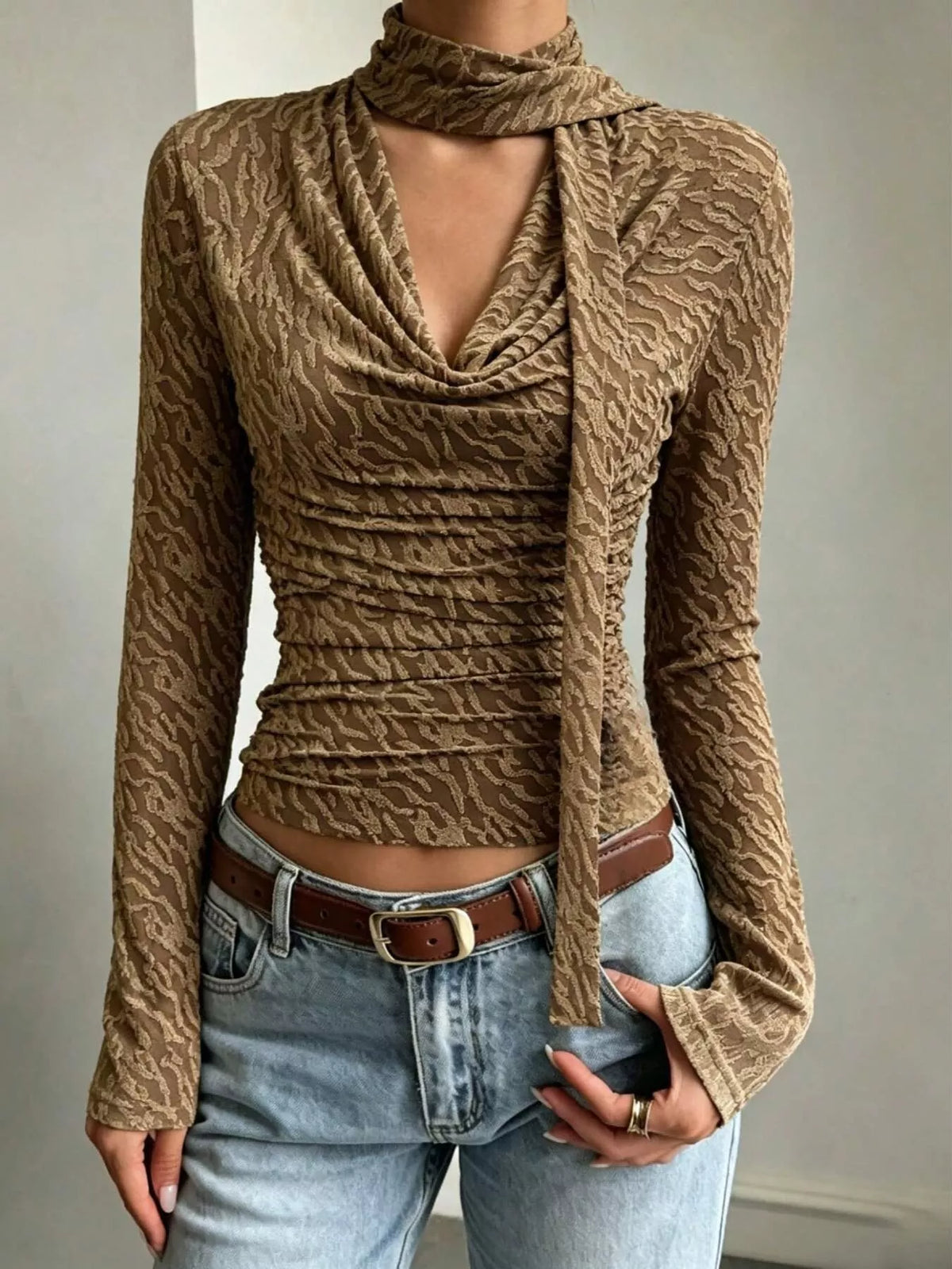 Women's Textured Cowl Neck Long Sleeve Blouse with Scarf Detail in brown — front view