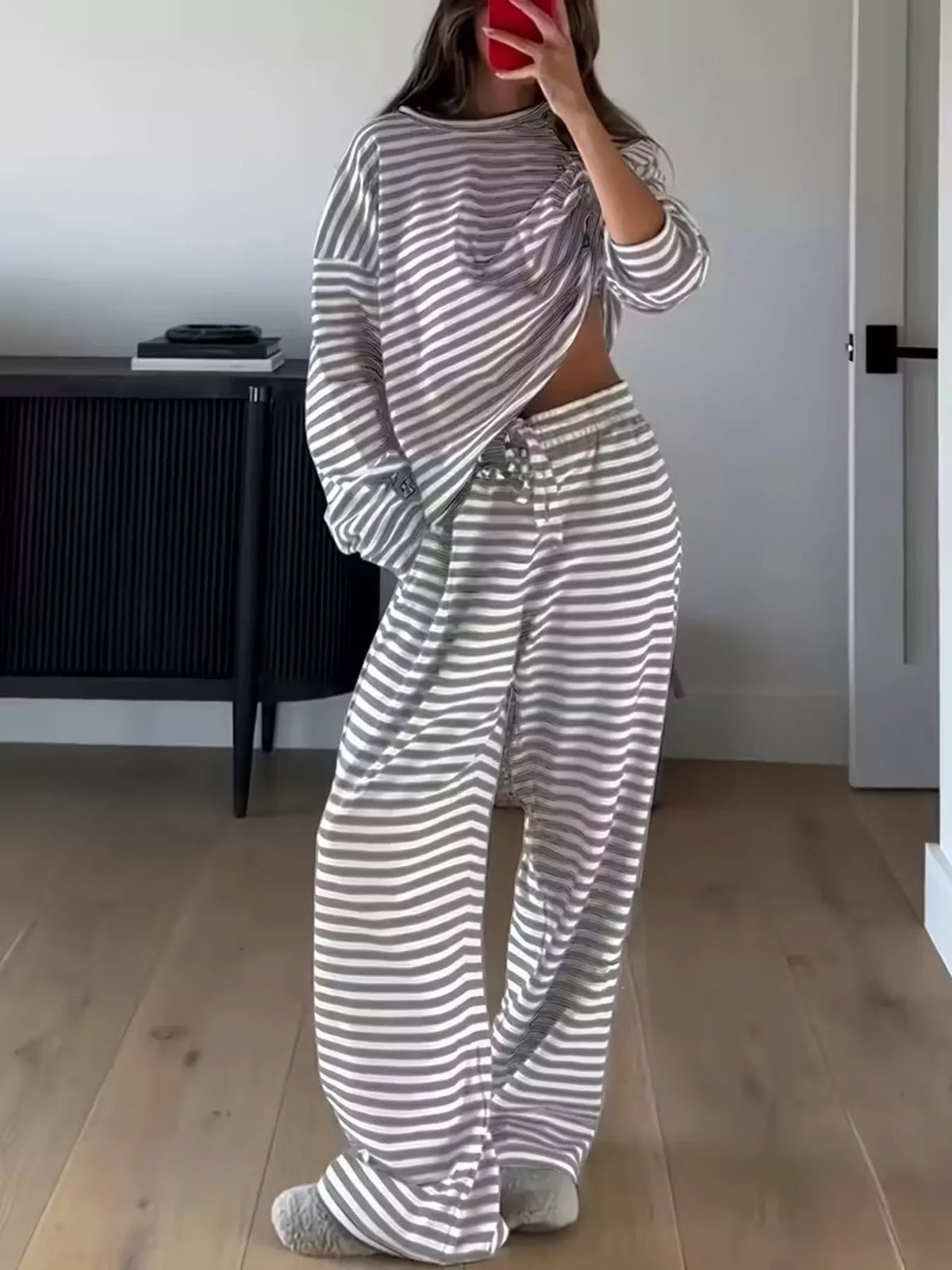 Gray striped long-sleeve top and pants set, front view