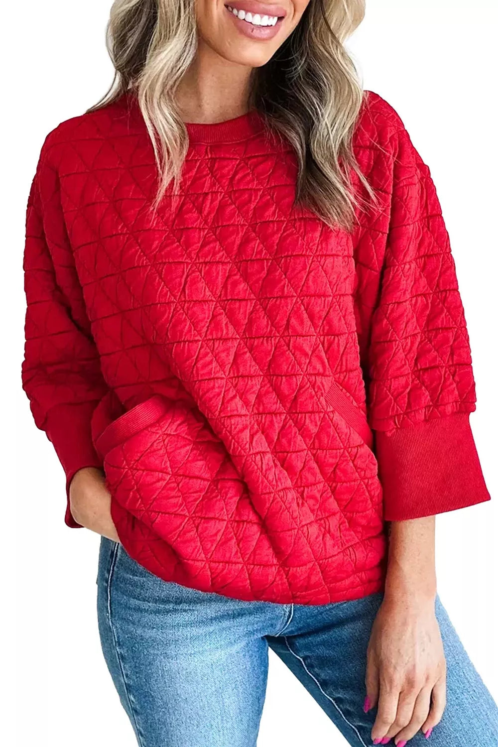 Quilted Pocket Sweatshirt in deep red, front view