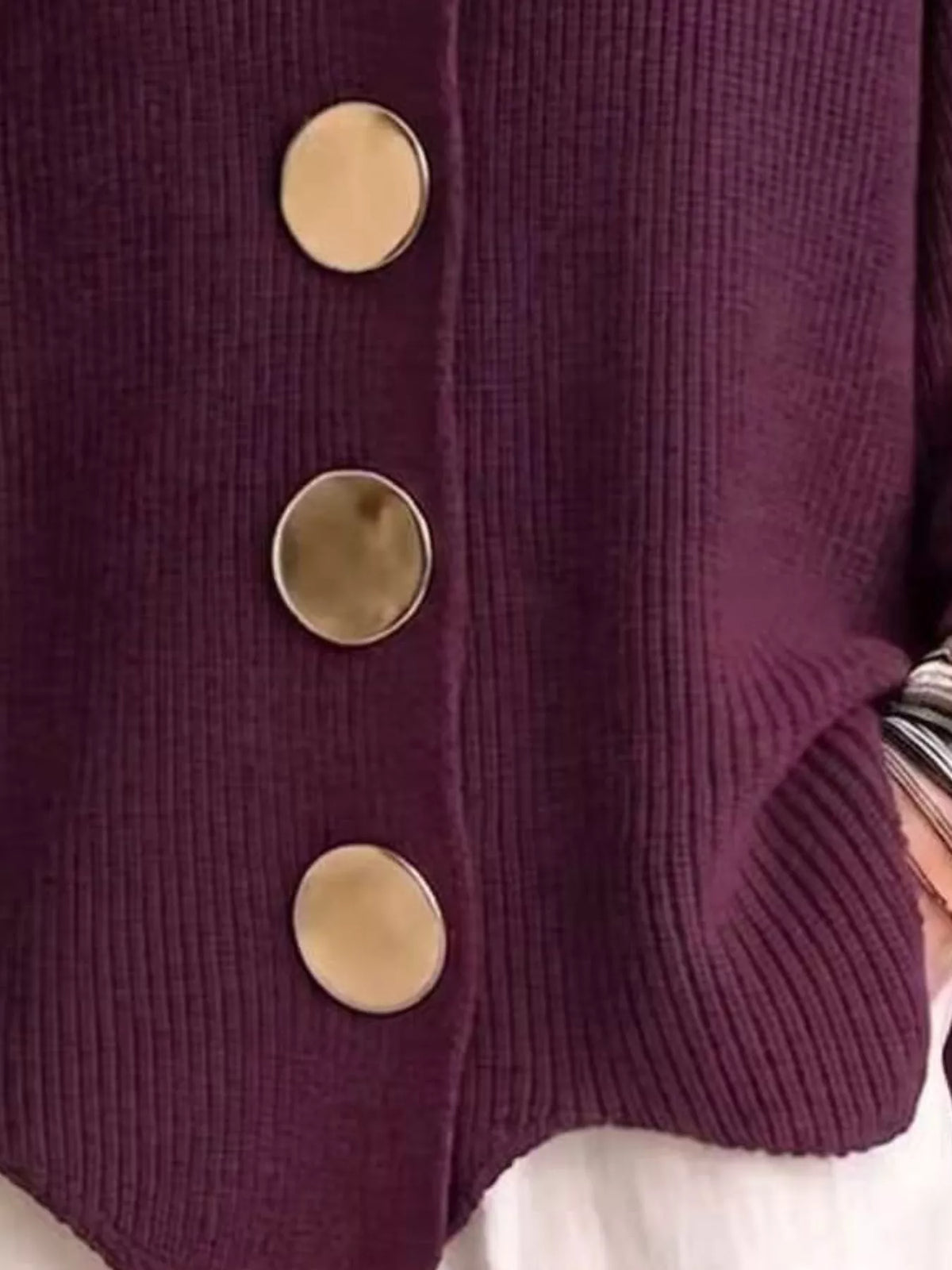 Women's Ribbed Knit Gold Buttons Cardigan in purple — button detail view