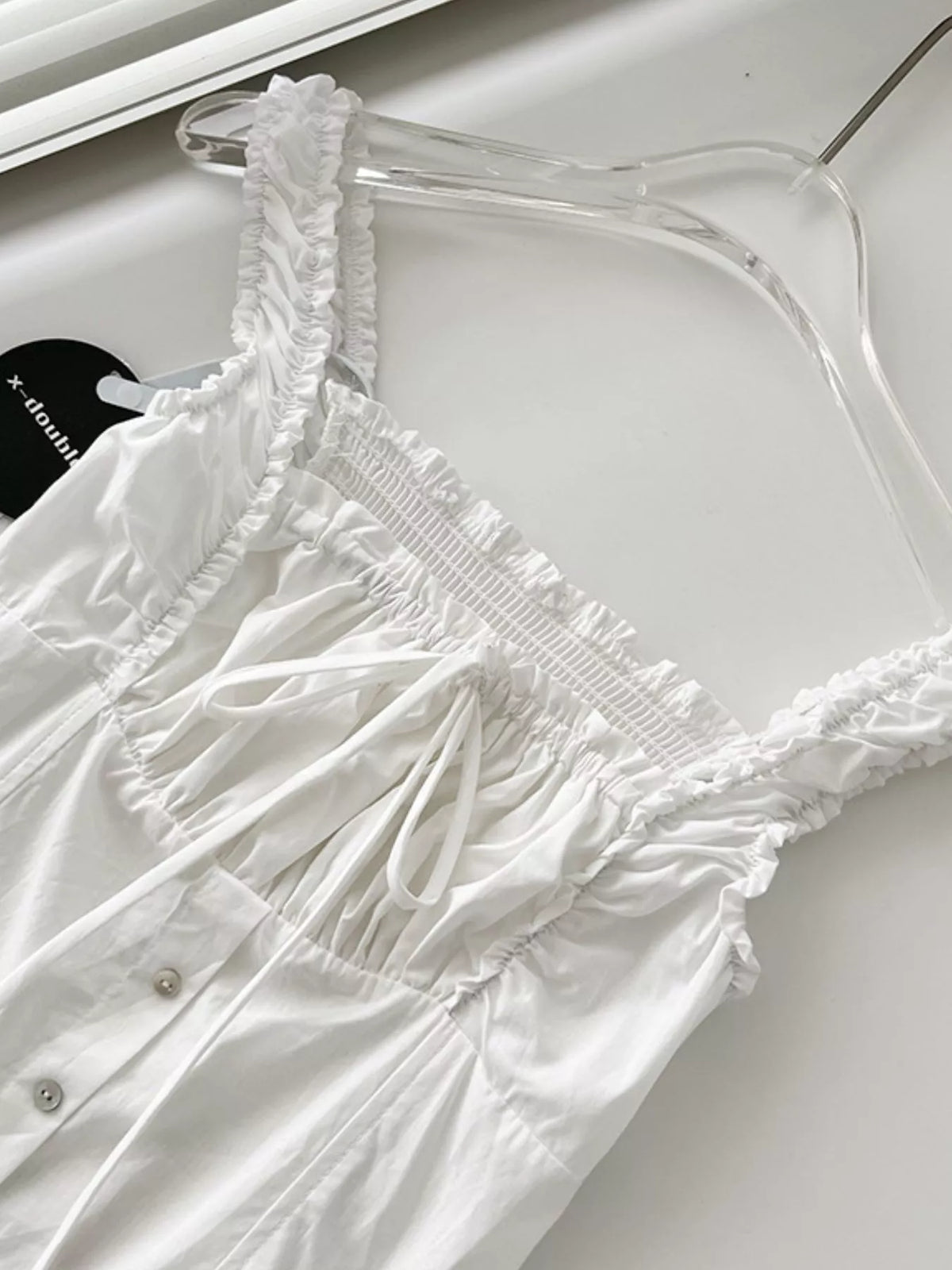 Women's Ruffled Square Neck Tiered Maxi Dress in white — neckline detail view