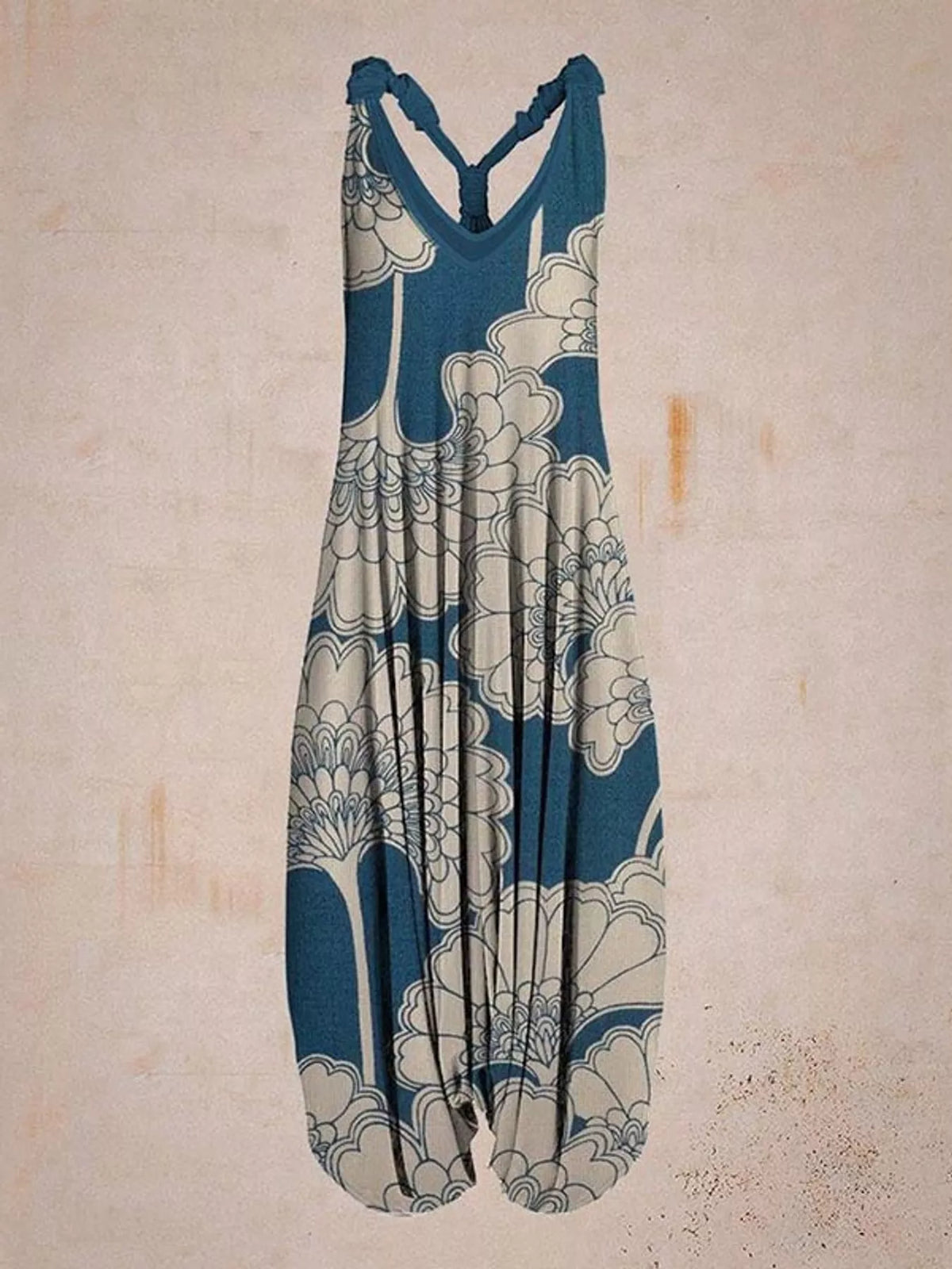 Blue and cream floral-print V-neck sleeveless jumpsuit