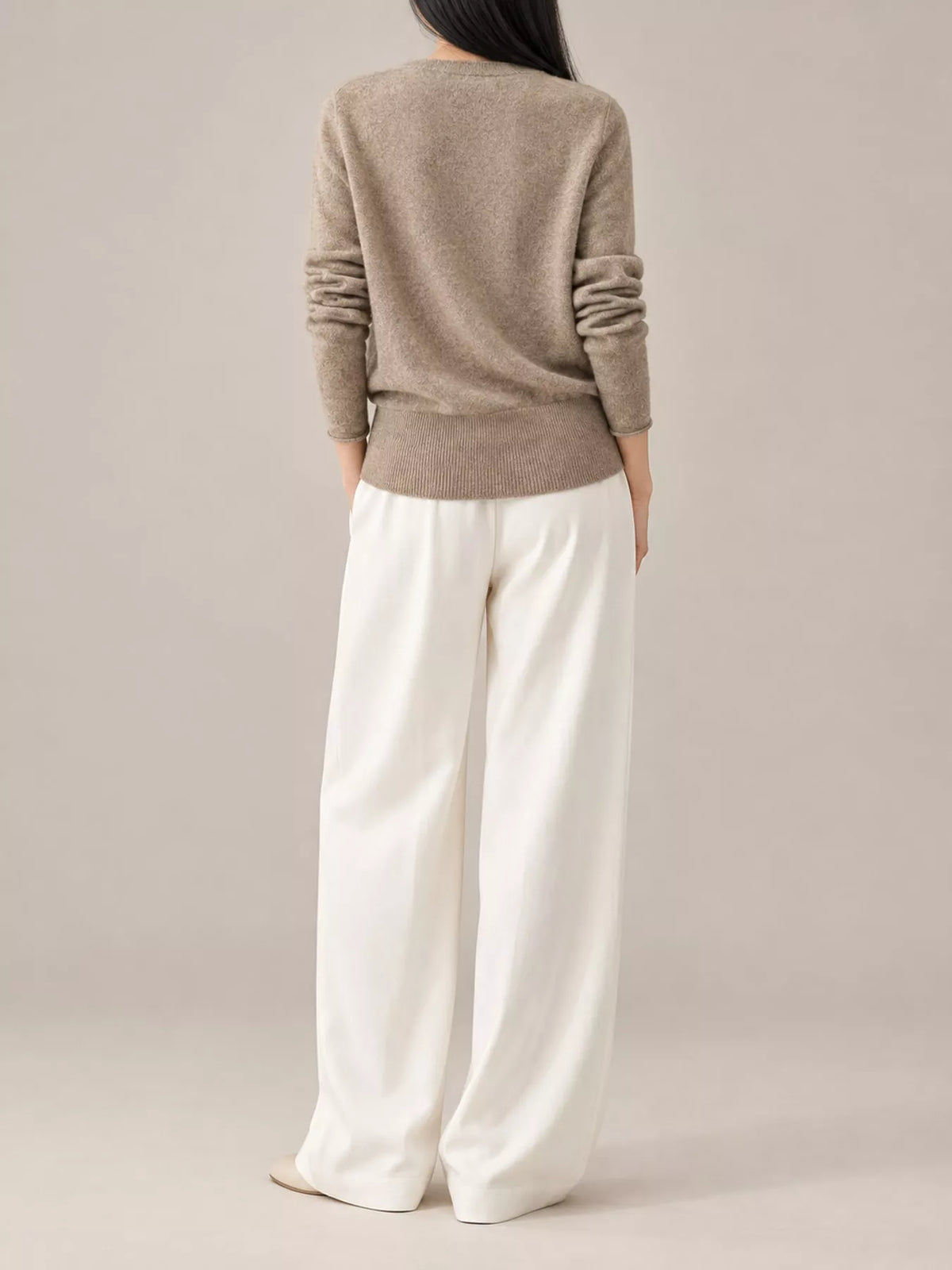 Taupe wrap-front sweater, back view