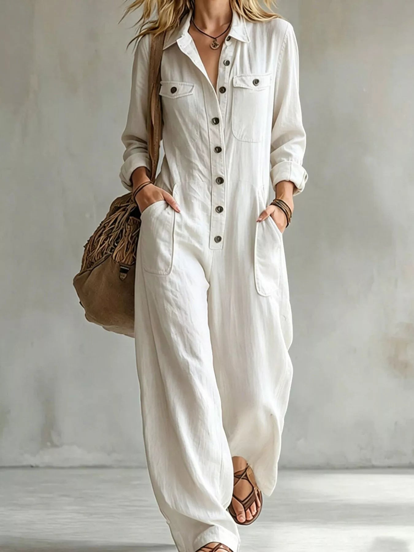 Trendsi Full Size Long Sleeve Button Front Jumpsuit Plus Size -
