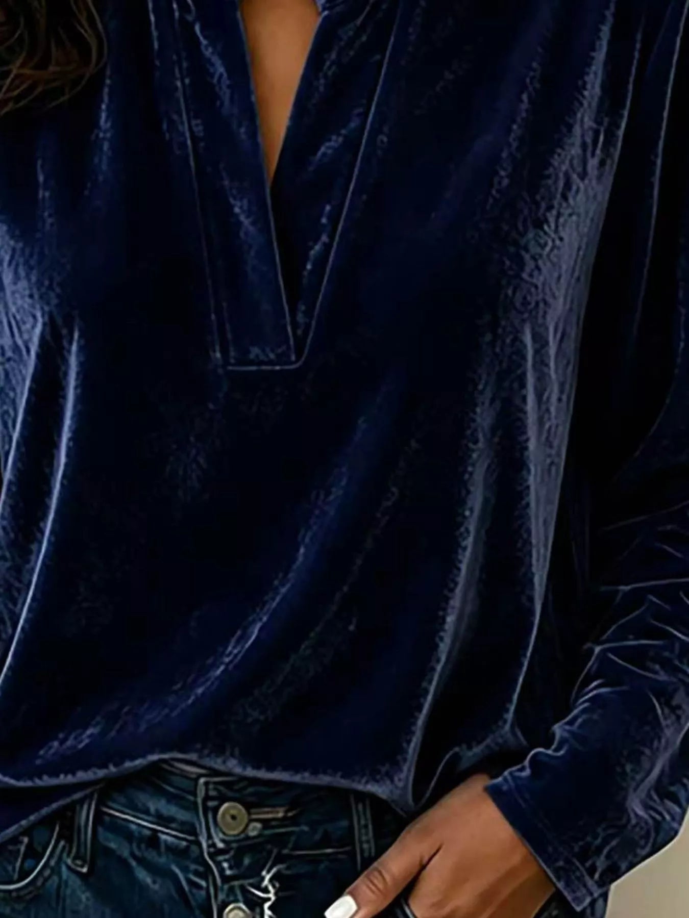 Trendsi Full Size Velvet Notched Long Sleeve Blouse Plus Size -