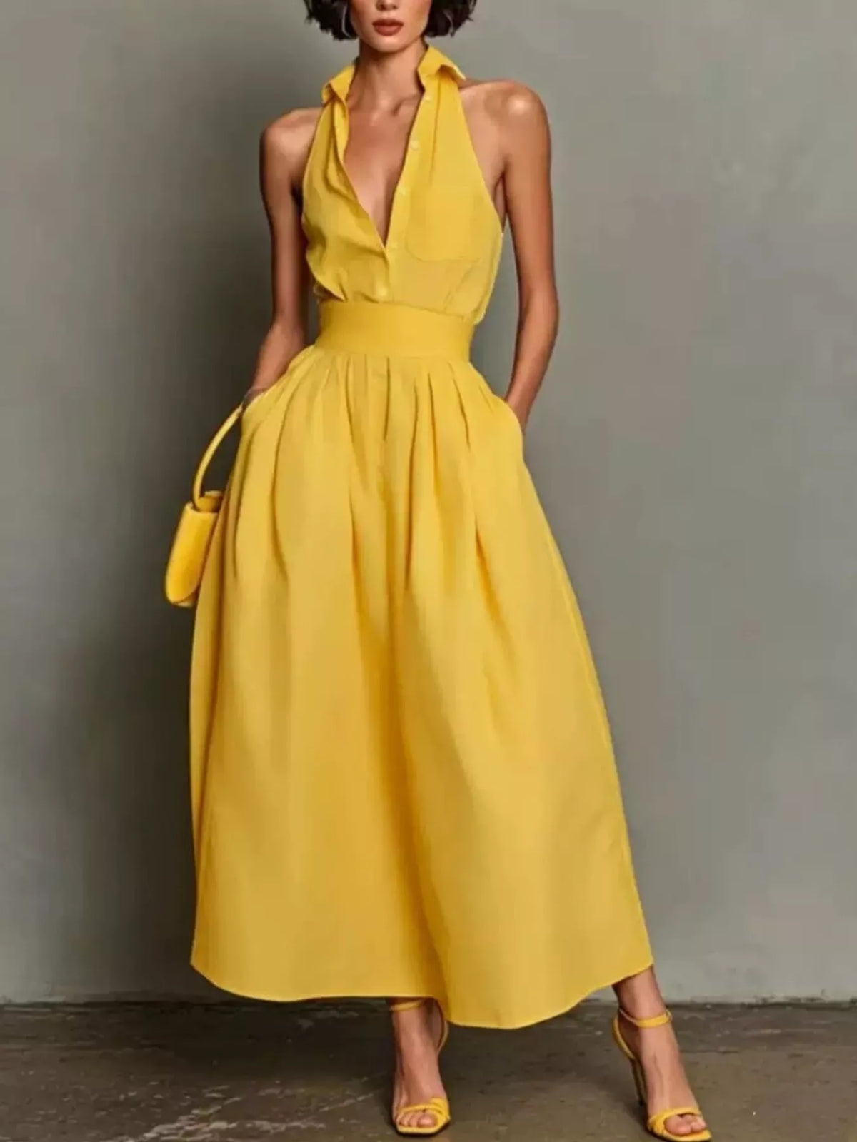 Yellow halter-collar A-line midi dress, full front view