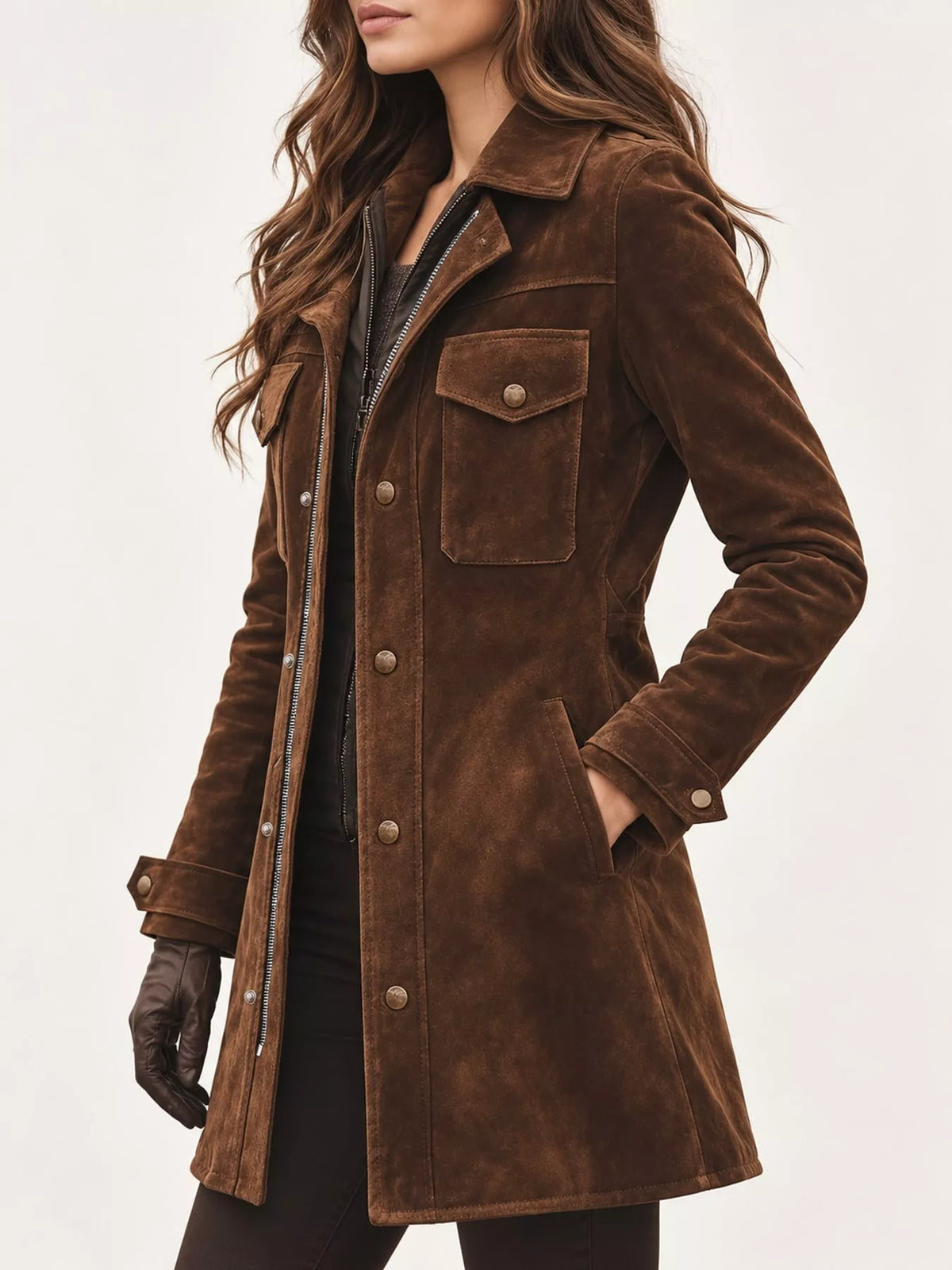 Brown long sleeve jacket with front pockets, front view