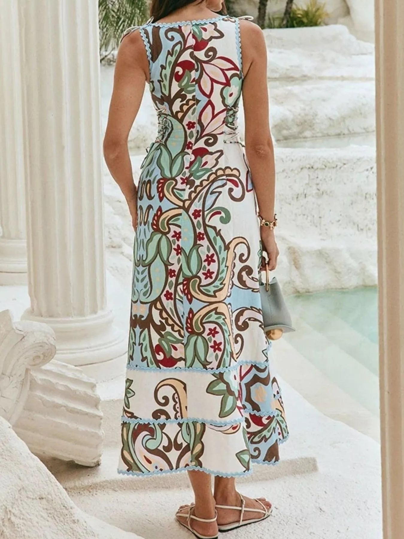 Trendsi Printed Tie Shoulder Sleeveless Midi Dress -