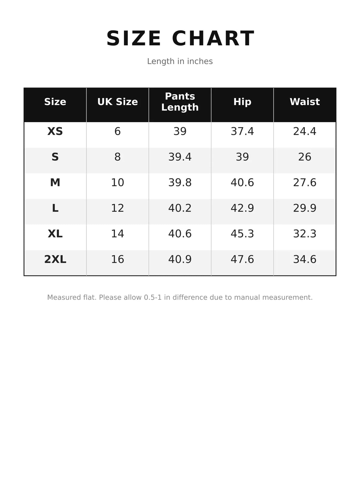 pants, size and measurement chart