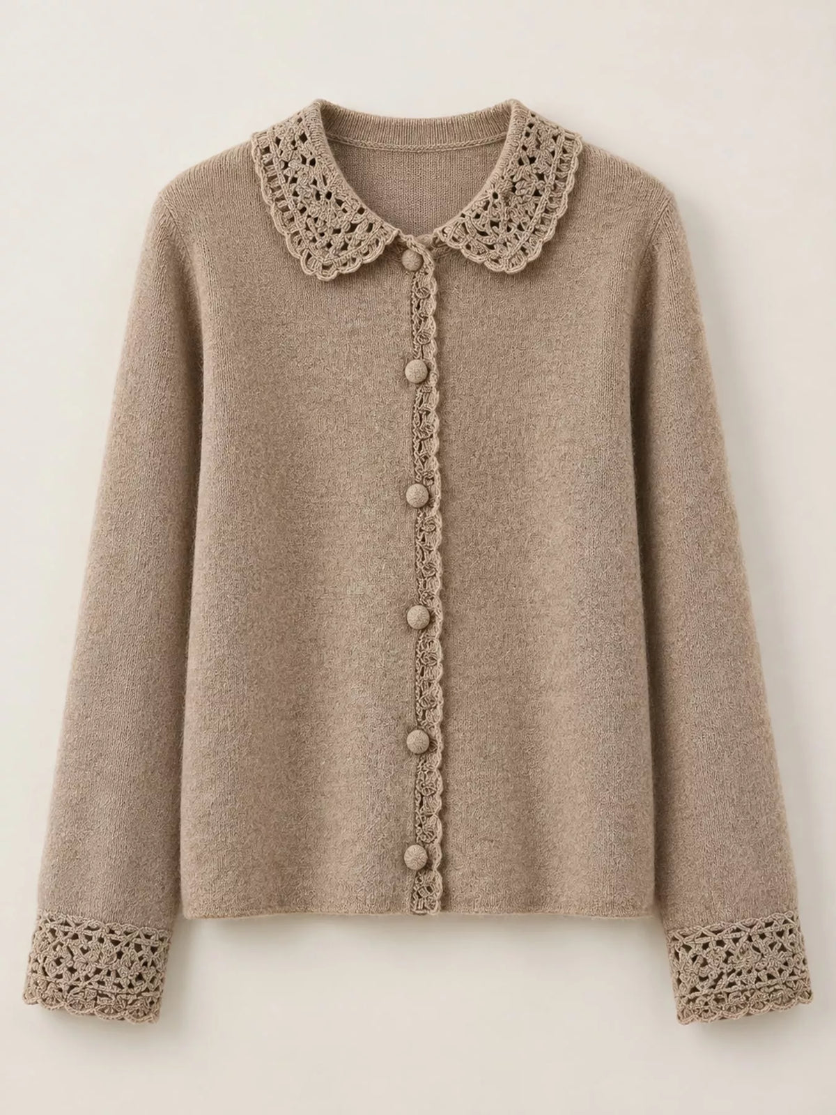 Lace-collar cardigan, taupe flat lay